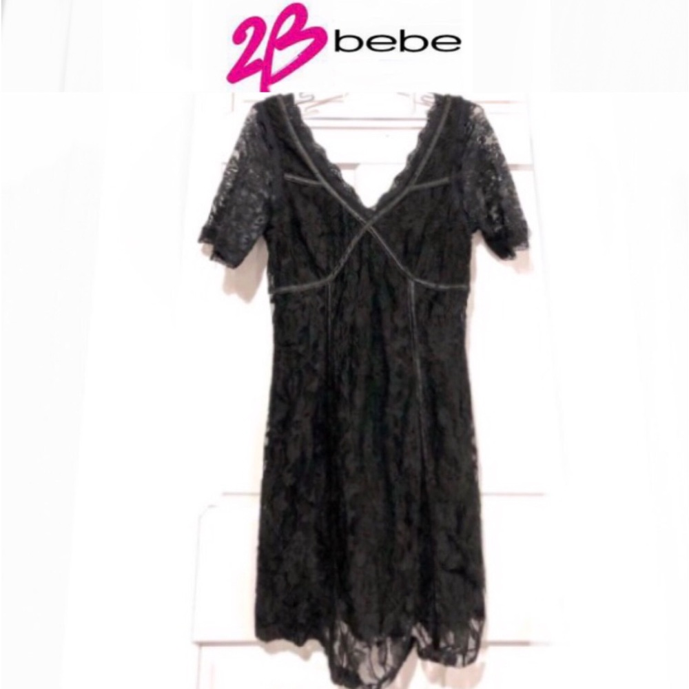2B BEBE all over black lace dress with trim short sleeves size L EUC